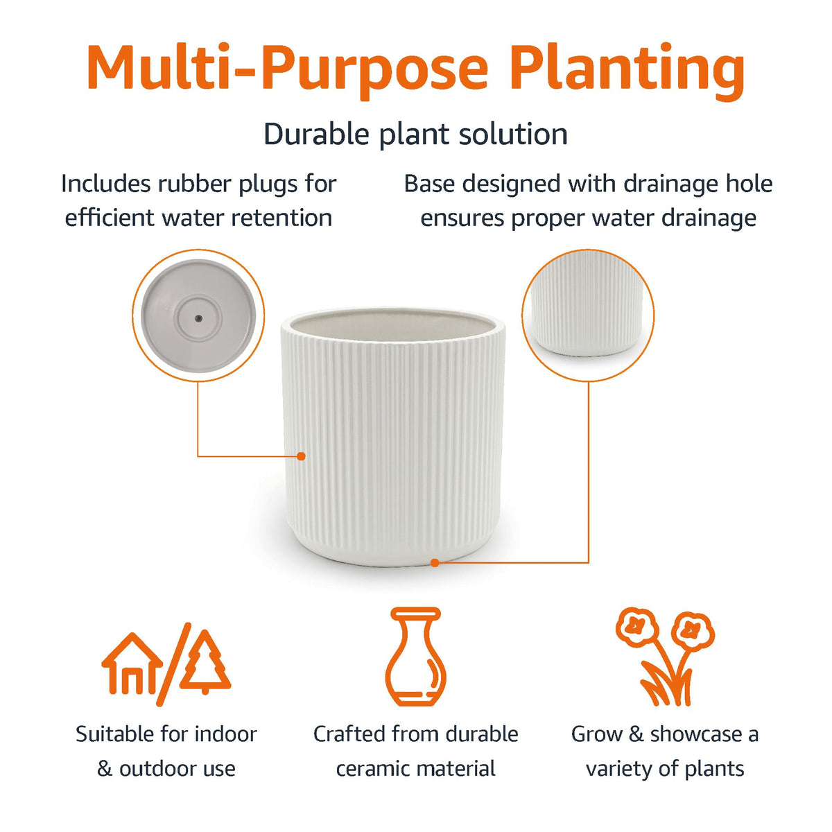 Amazon Basics white planter with a drainage hole, suitable for versatile watering.