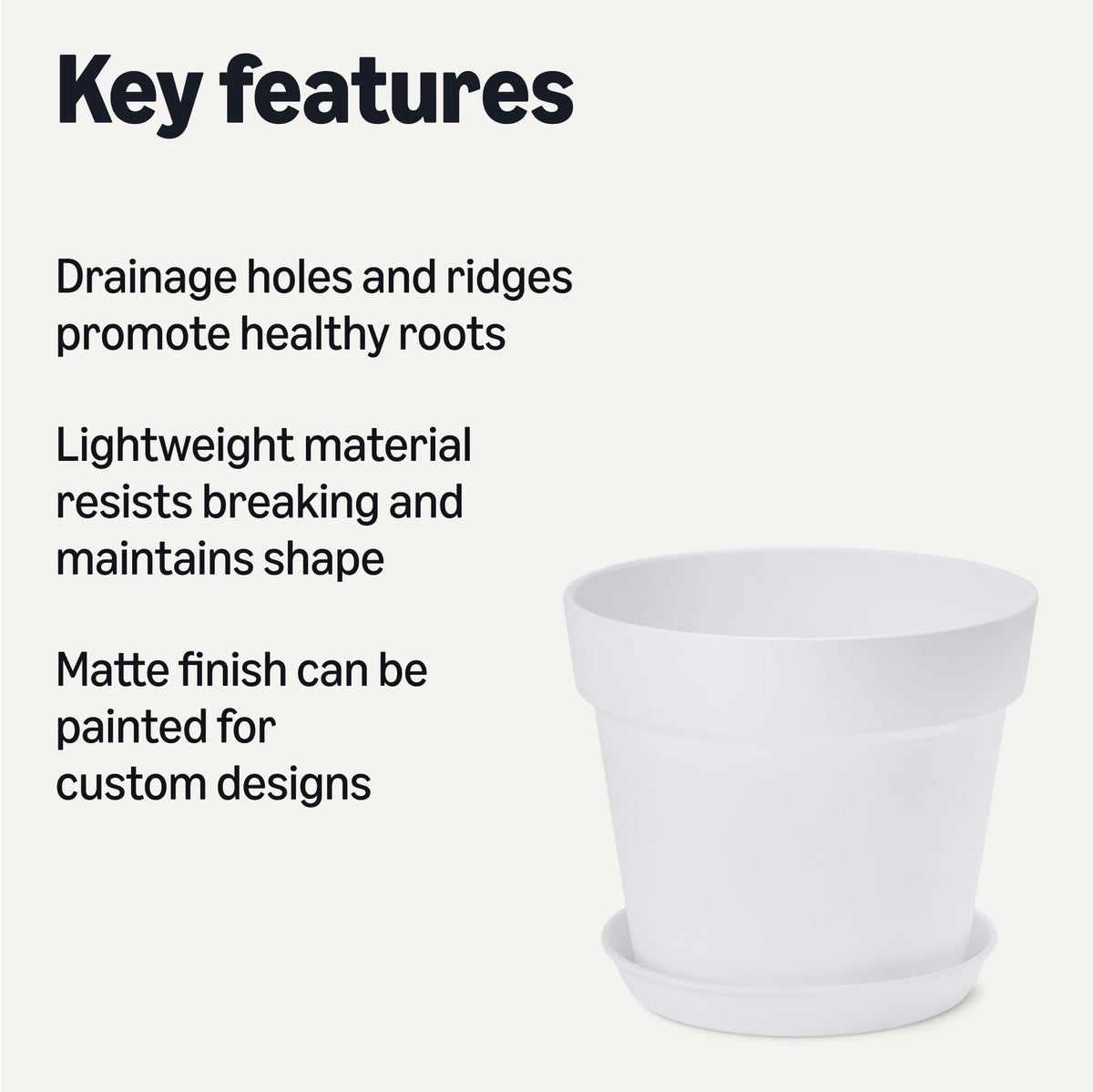 Amazon Basics white plant pot close-up shows drainage holes for healthy watering
