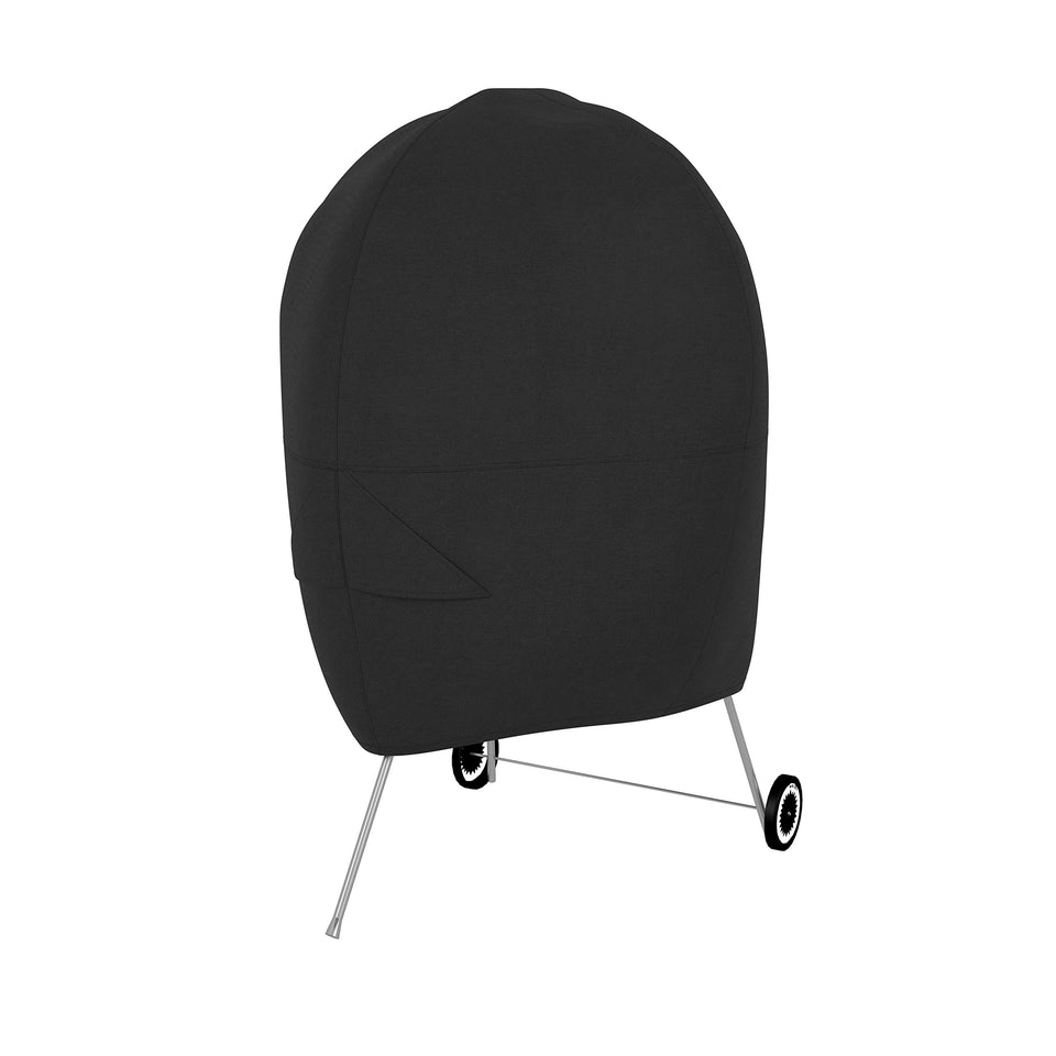 Amazon Basics grill cover on a charcoal kettle, keeps out rain and dust.