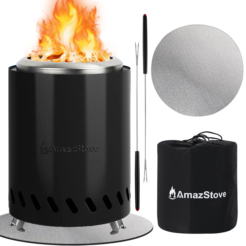 AmazStove tabletop fire pit glowing with wood pellets for cozy outdoor ambiance