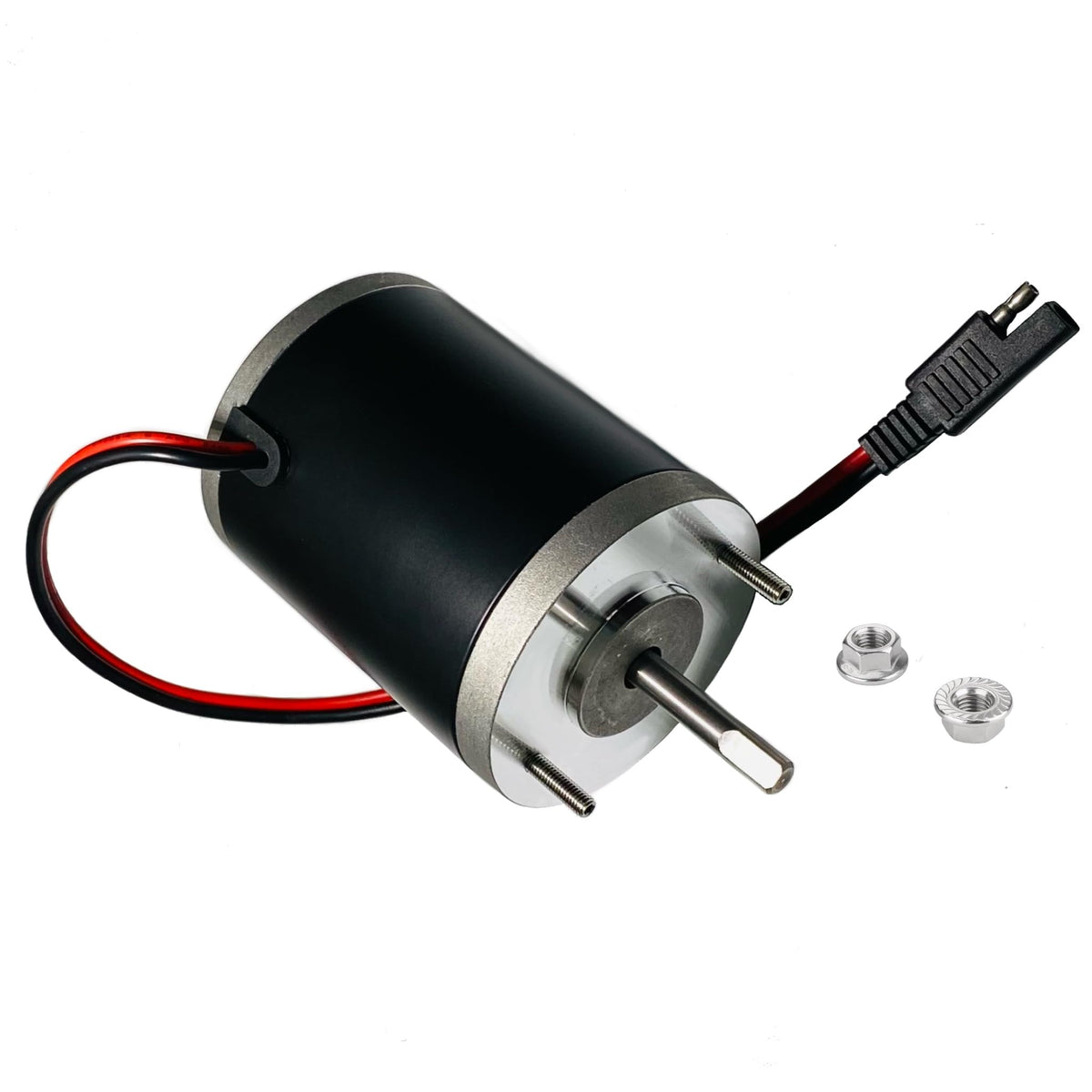 AMBITIONMOTOR salt spreader motor close-up, 12V DC for winter use.