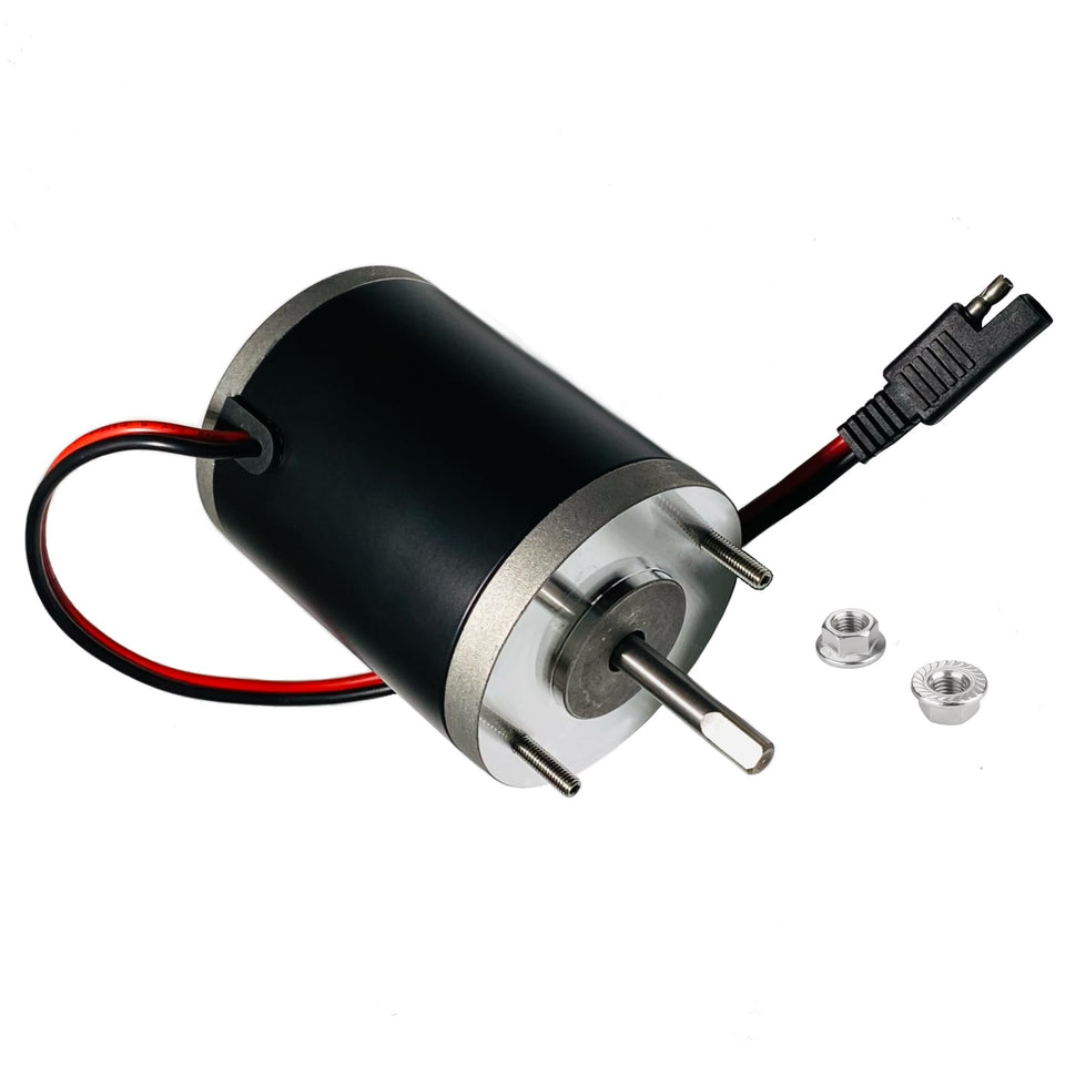AMBITIONMOTOR salt spreader motor close-up, 12V DC for winter use.