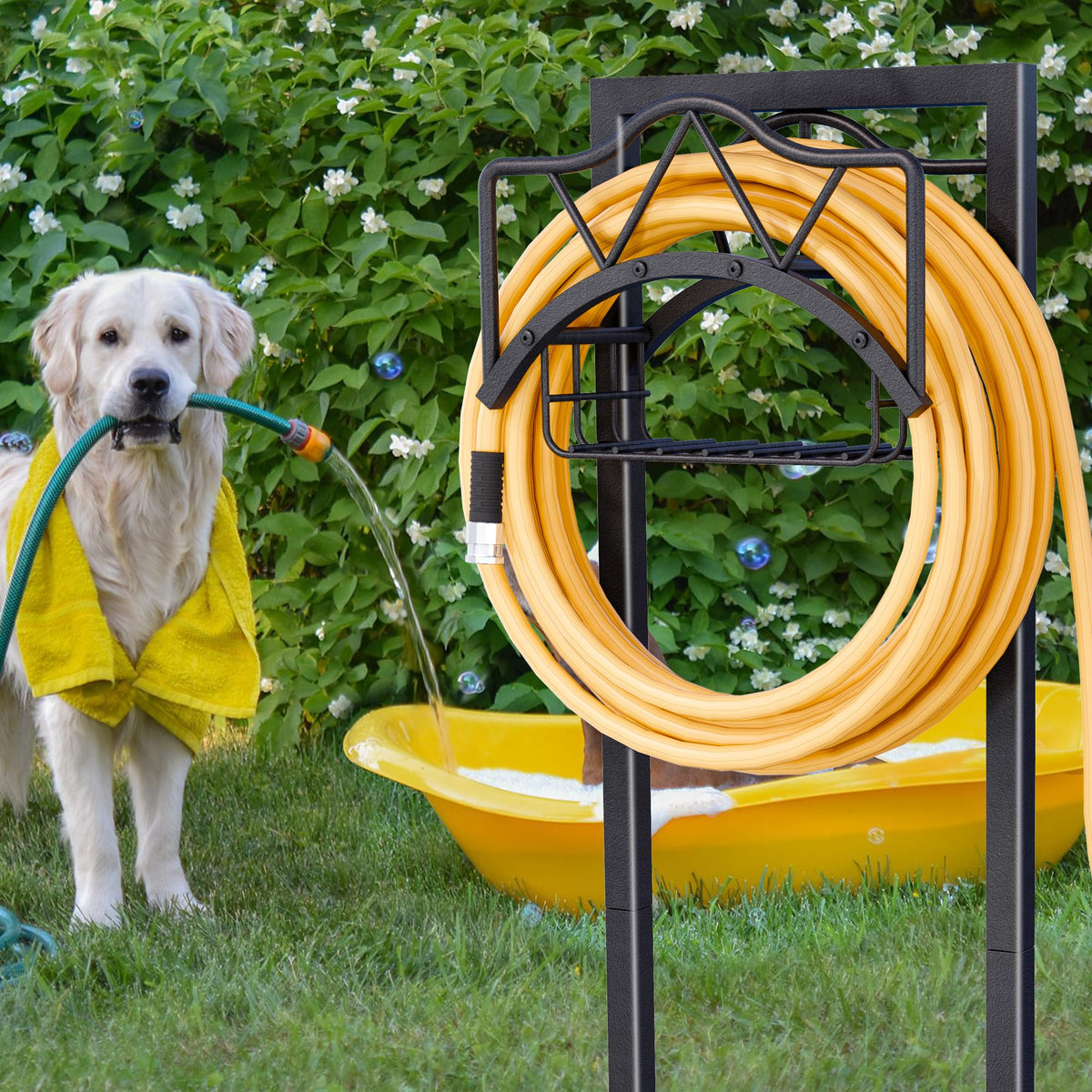 AMDERVEN hose reel holds up to 150 ft of hose for easy reach