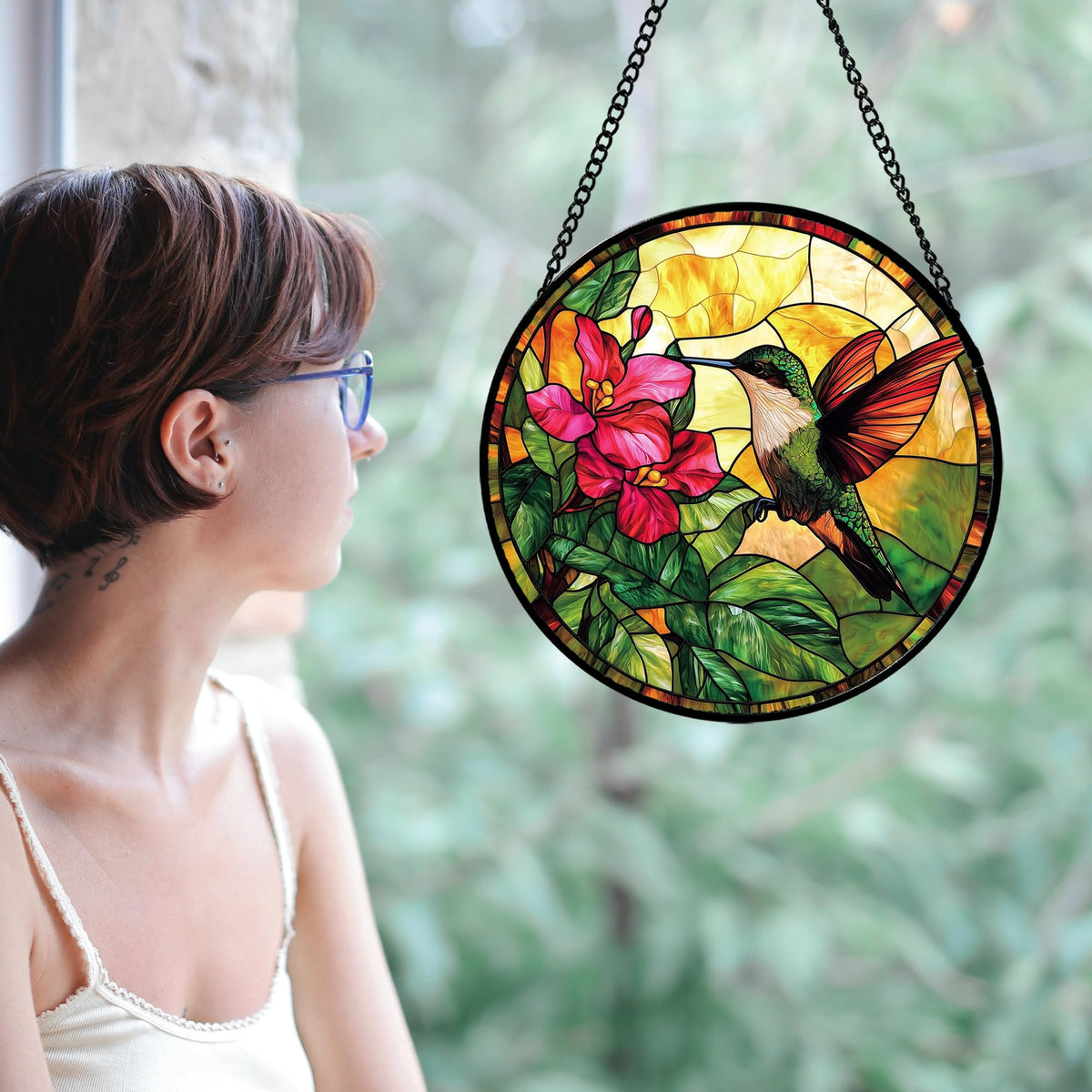 AMDERVEN hummingbird red flowers suncatcher creates cheerful sunlit ambiance.