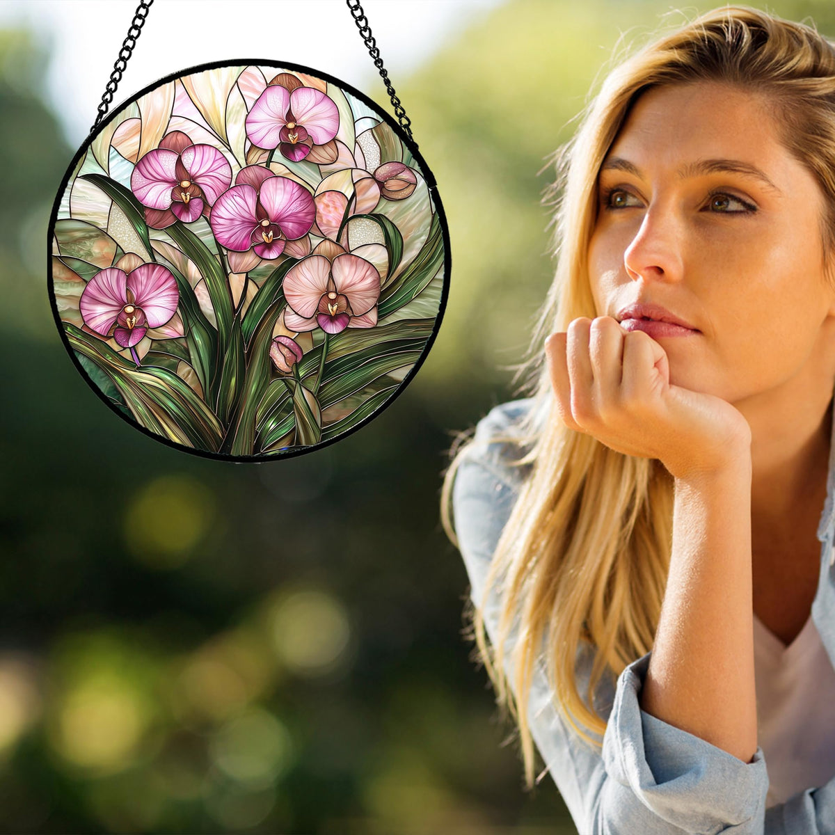 AMDERVEN pink Phalaenopsis orchid and green leaves suncatcher enhances room focal point
