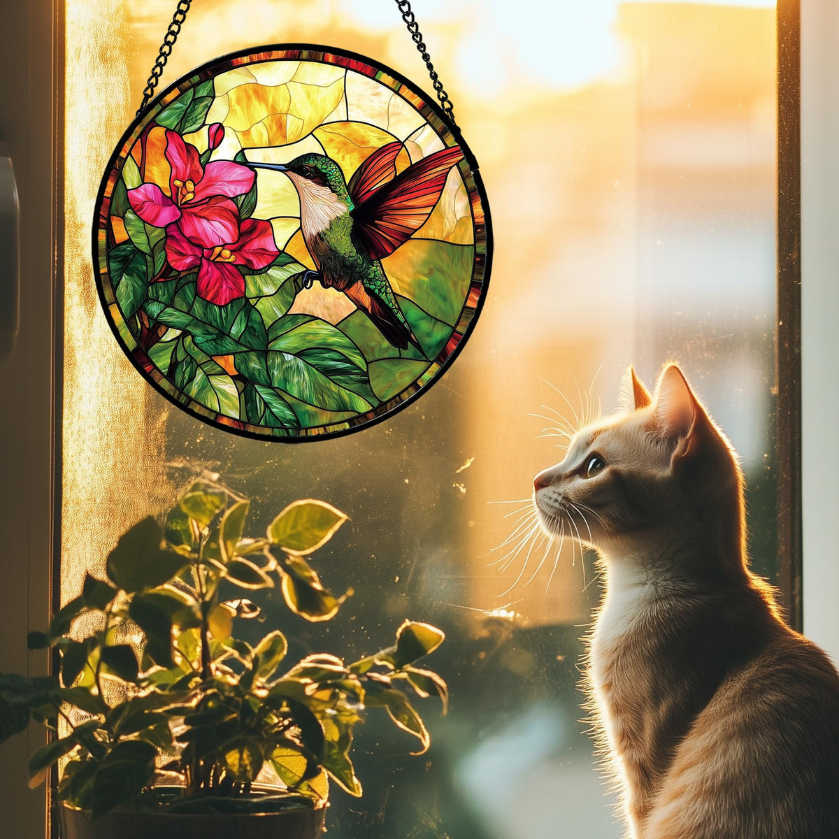 AMDERVEN stained glass green leaves window hanger adds vibrant accent.