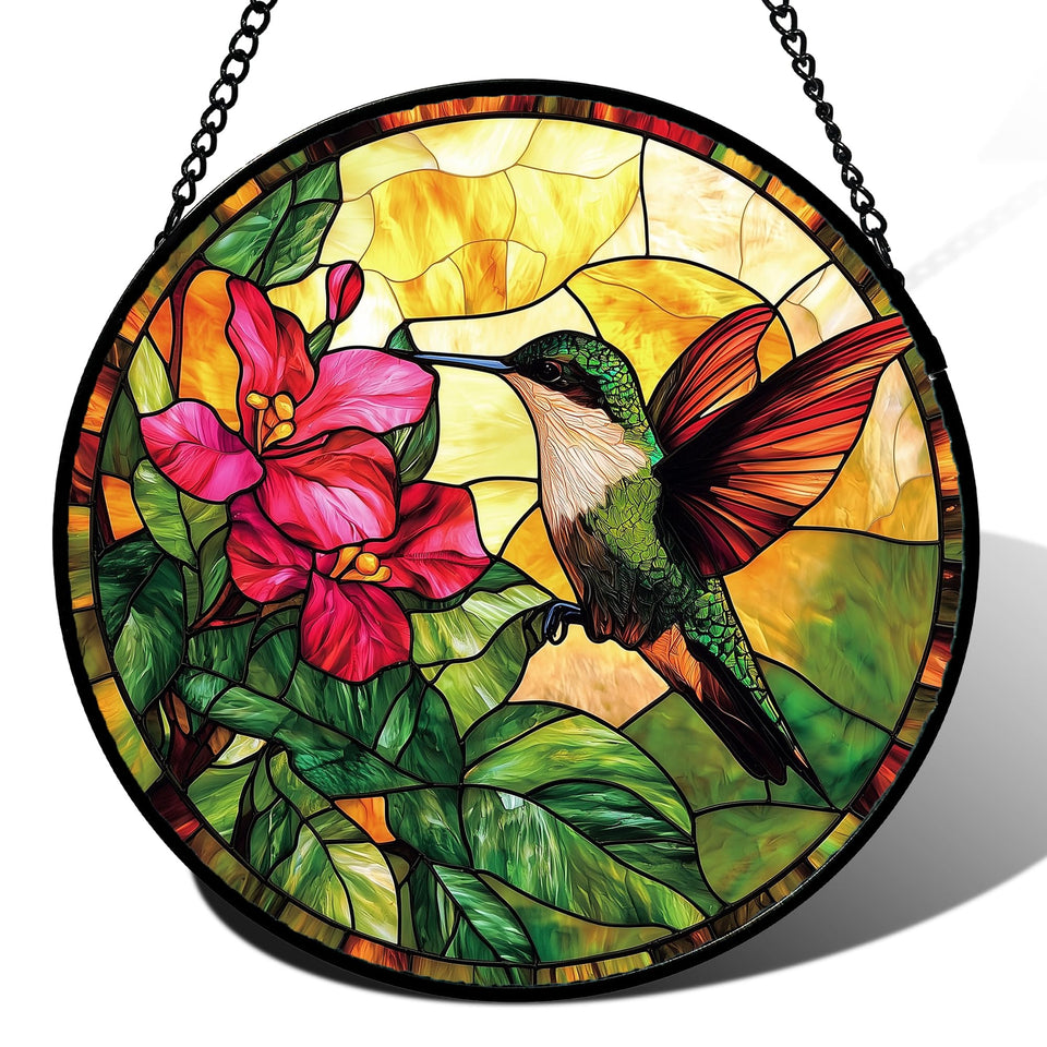 AMDERVEN stained glass hummingbird suncatcher brightens sunny windows with colorful diffusion.