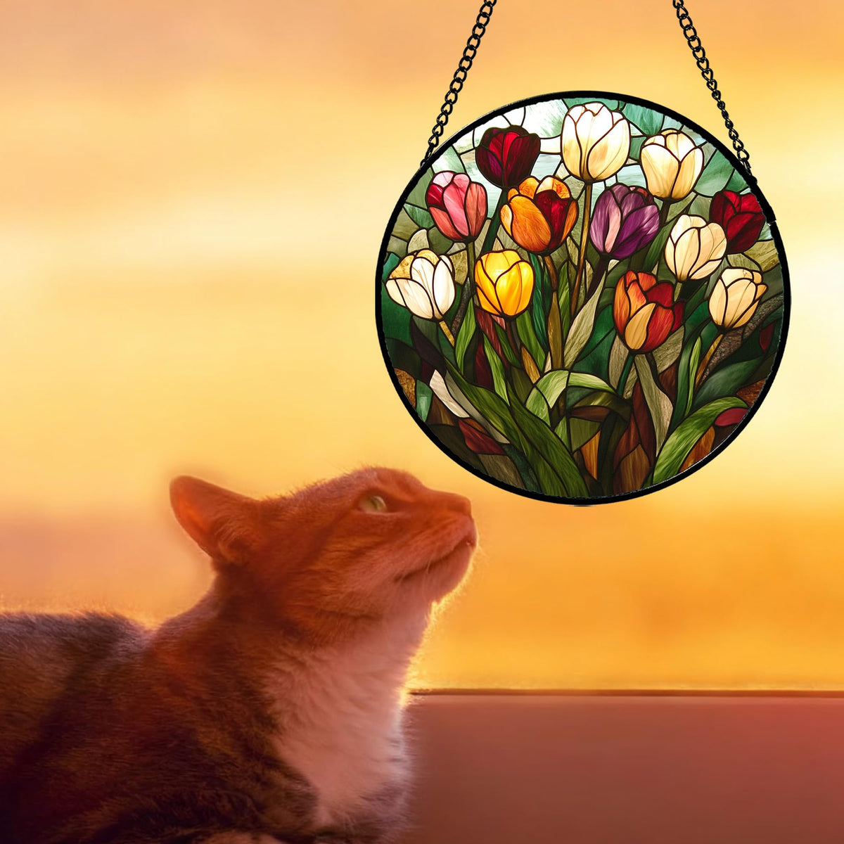 AMDERVEN tulip suncatcher close-up shows vivid colors in daylight
