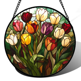 AMDERVEN tulip stained glass suncatcher front view creates a colorful glow in the living room