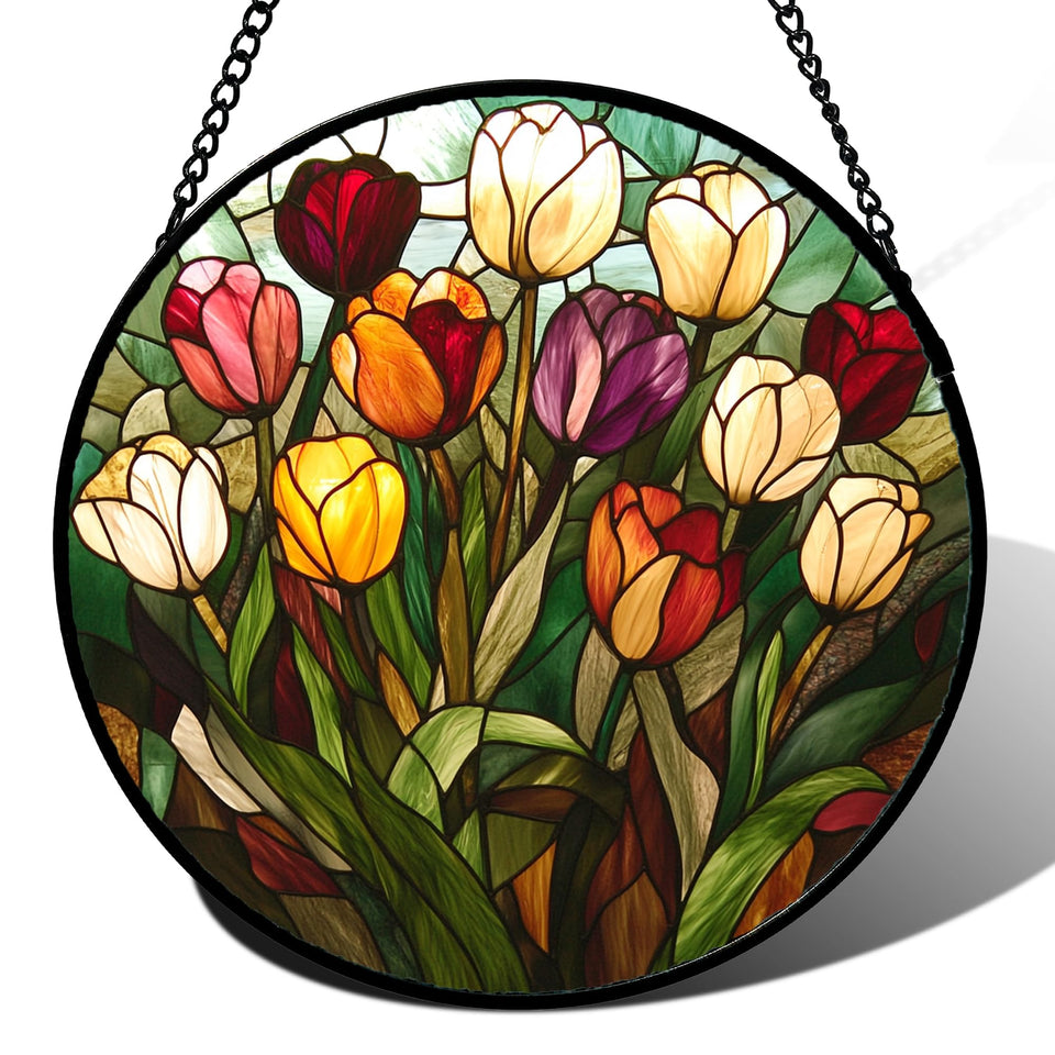 AMDERVEN tulip stained glass suncatcher front view creates a colorful glow in the living room