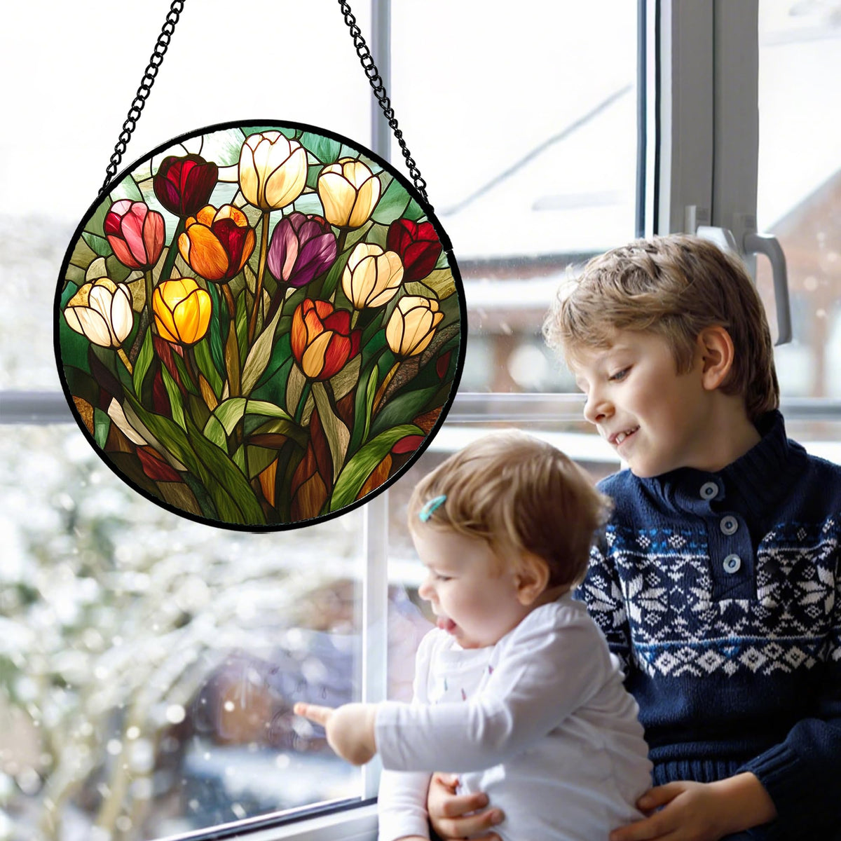 AMDERVEN tulip suncatcher showcases an intricate pattern, ideal for window art