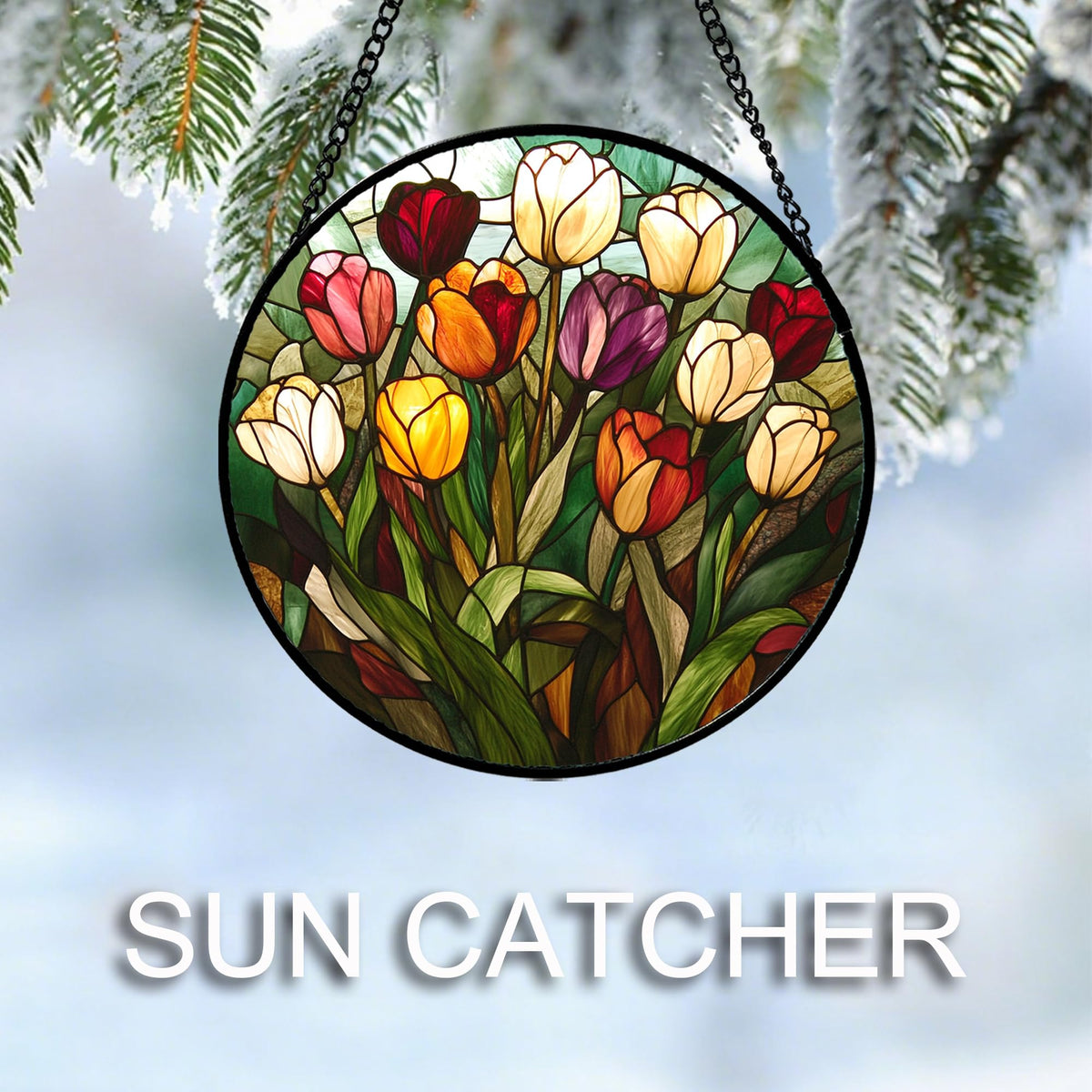 AMDERVEN stained glass suncatcher hanging in a window casts a warm spectrum