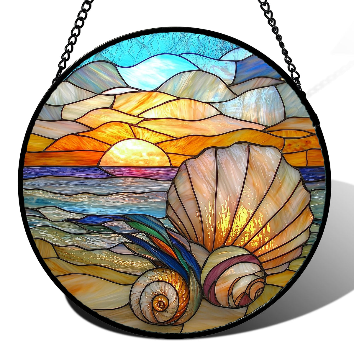 AMDERVEN stained glass window hanging with colorful beach shells, creating a warm rainbow glow.