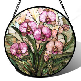 AMDERVEN stained-glass window hanging with pink Phalaenopsis adds color to sunlit windows
