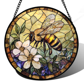 AMDERVEN stained glass window hanging beams warm light through the bee-yellow sun catcher, brightening spaces.