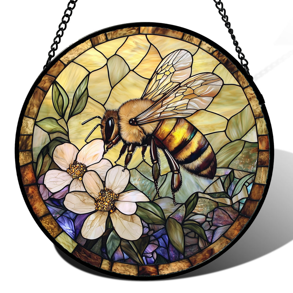 AMDERVEN stained glass window hanging beams warm light through the bee-yellow sun catcher, brightening spaces.
