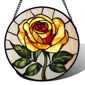 AMDERVEN stained glass window hanging with yellow rose brightens indoor spaces.