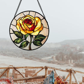AMDERVEN stained glass decor highlights intricate rose patterns.