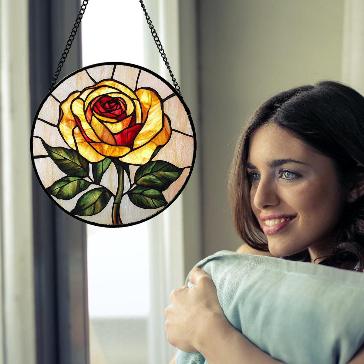 AMDERVEN yellow rose stained glass adds color and charm.