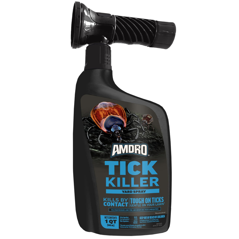 Amdro Tick Killer Yard Spray RTS label on bottle for quick pest control.
