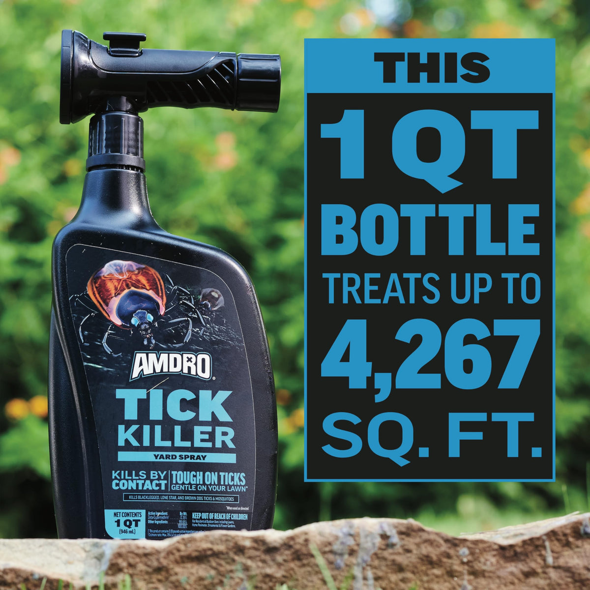 Amdro Tick Killer Yard Spray RTS safe after-dry re-entry for families and pets.
