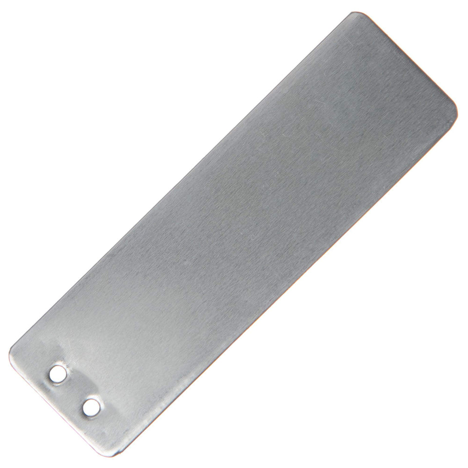 Amekron Impress-O-Tags plant label on metal surface; weather-resistant garden tagging.