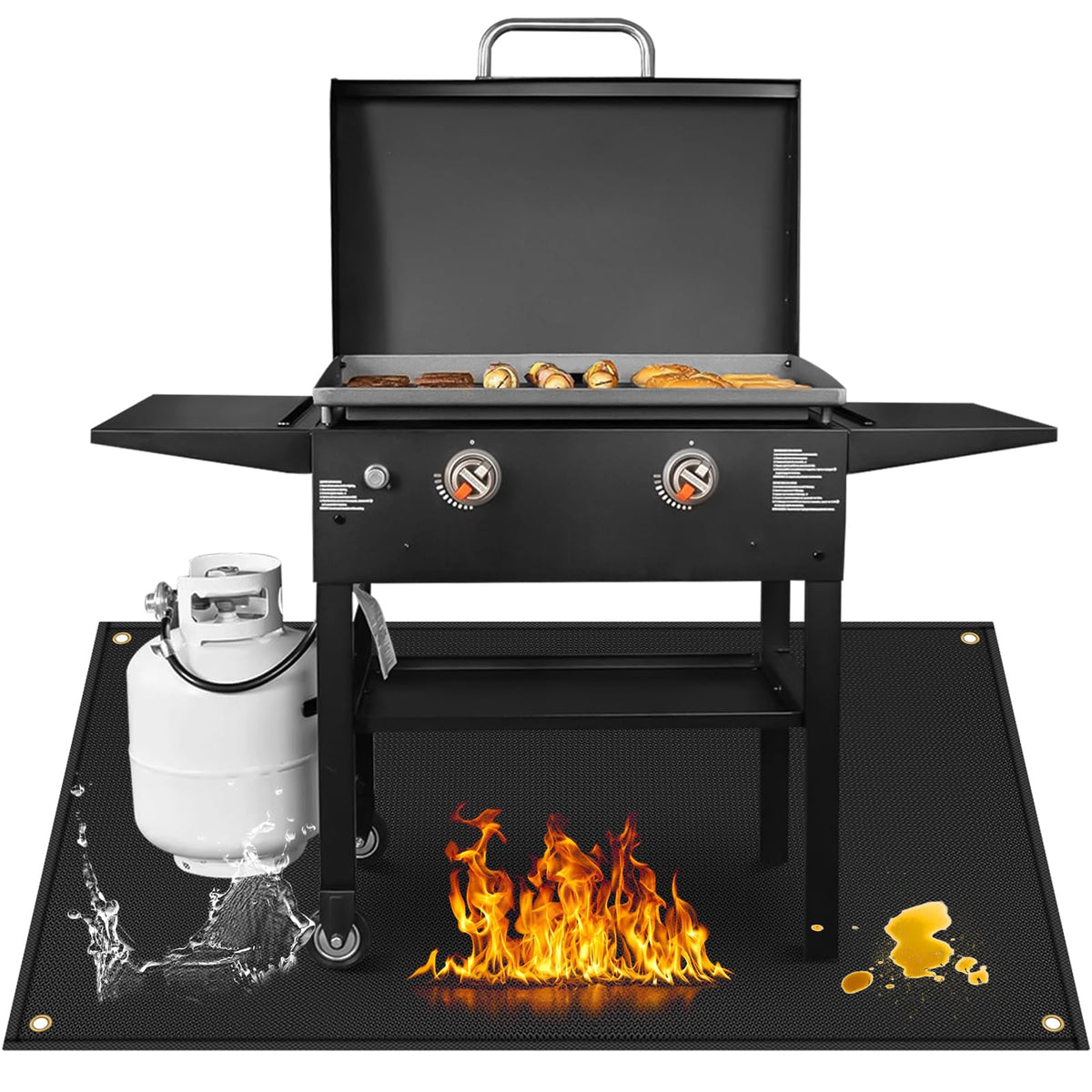 Amerbro grill mat on deck protects surfaces from grease and heat