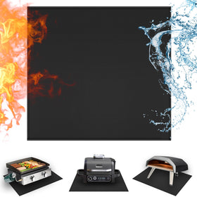 Amerbro 24x24in grill mat under outdoor grill protects table from heat and spills.