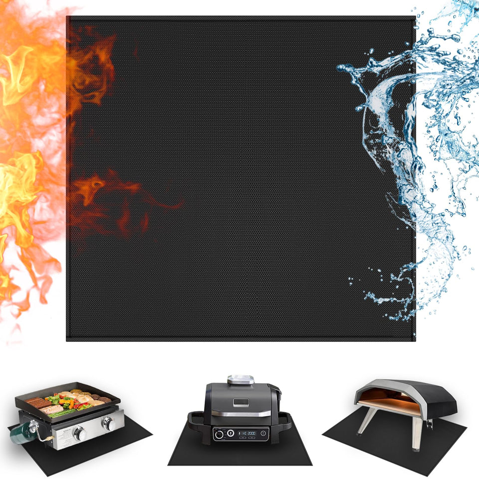 Amerbro 24x24in grill mat under outdoor grill protects table from heat and spills.