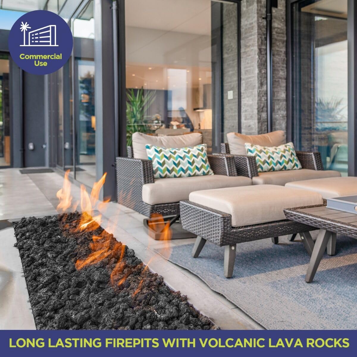 American Fireglass lava rock serves as a stable base for additional décor