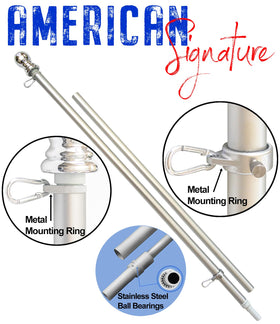 American Signature tangle-free flag pole with rotating bearings for smooth unfurling.
