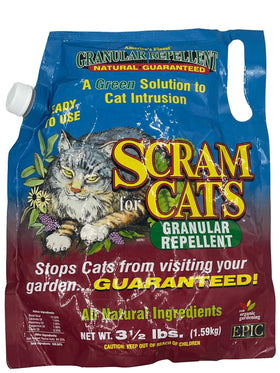 America'S Finest Scram for Cats granular repellent shaker bag deters cats from flower beds.