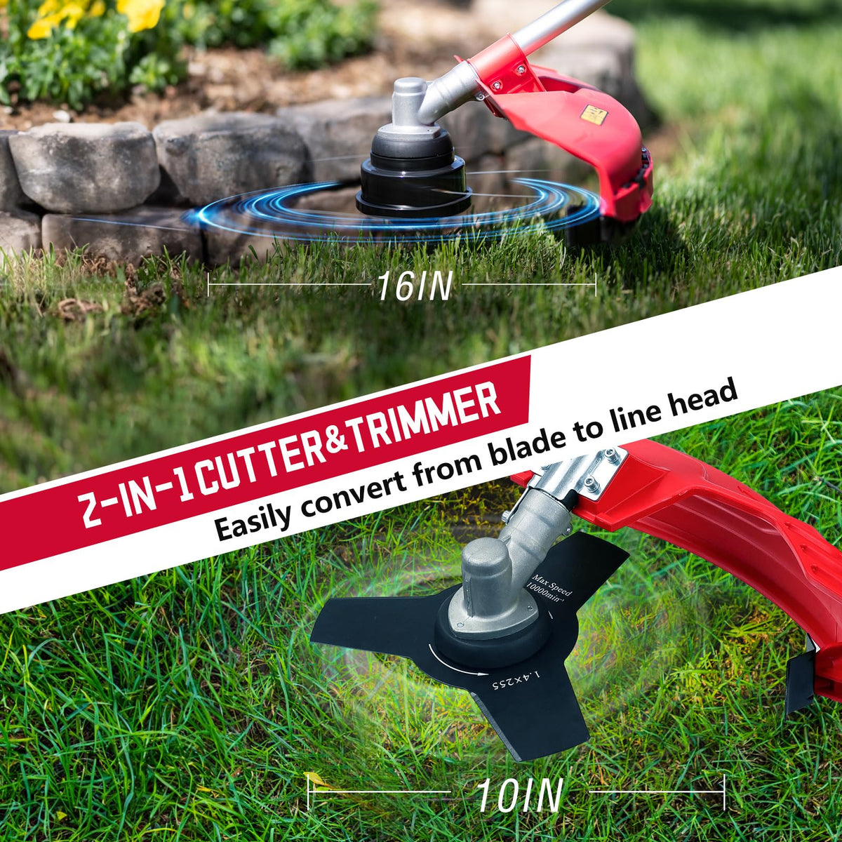 AMERISUN 10-inch blade attachment clears thick brush with ease.
