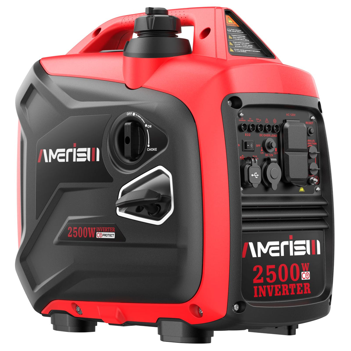 Amerisun 2500W inverter generator front view with compact power and CO sensor