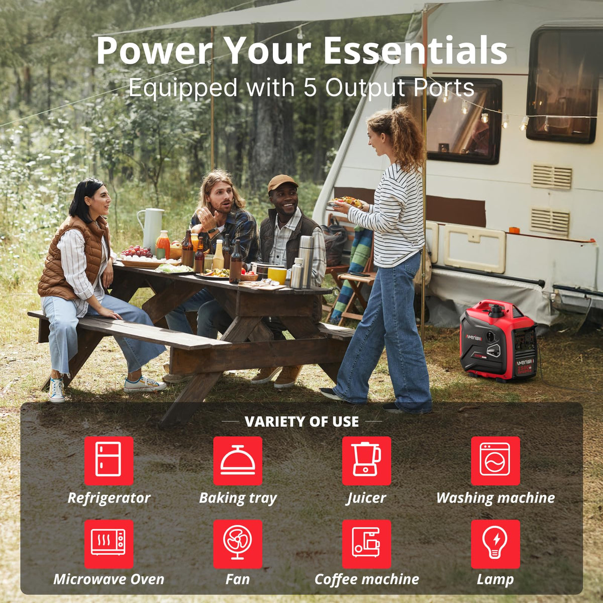 Amerisun 2500W generator in use at campsite delivering reliable electricity