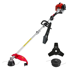 AMERISUN 26cc gas trimmer with a 16-inch cutting path for efficient lawn edging.
