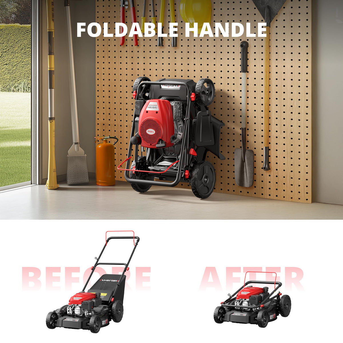AMERISUN foldable handle for compact storage after mowing.