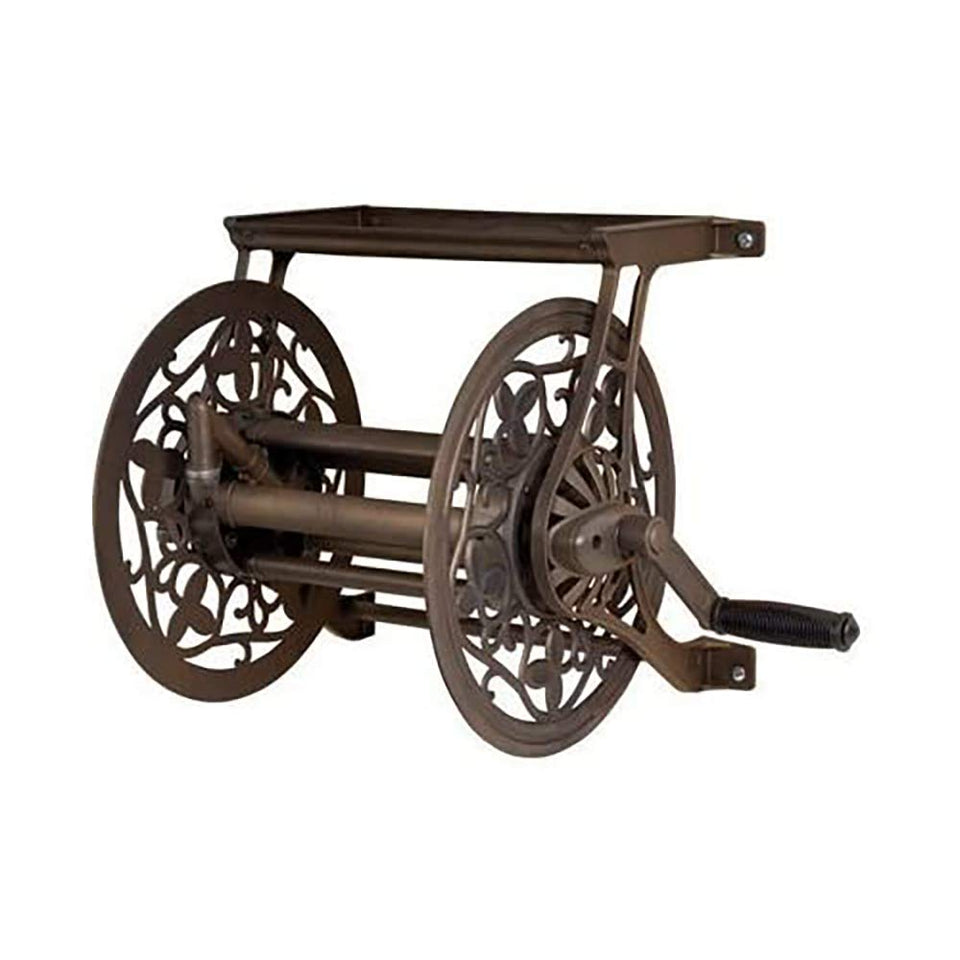 AMES NeverLeak decorative wall mount hose reel in brown with floral accents for outdoor organization.