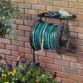 AMES NeverLeak floral pattern hose storage keeps your garden tools tidy.