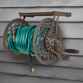 Wall mounted installation of the AMES NeverLeak hose reel saves space.