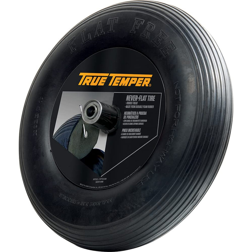 AMES True Temper 8in never-flat tire with ribbed tread offers maintenance-free traction.