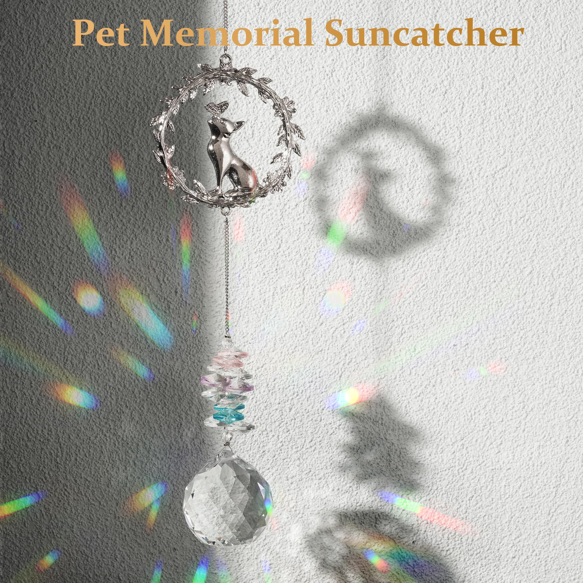 AMETHUARTZ 40mm crystal ball with cat portrait creating colorful rainbow glow