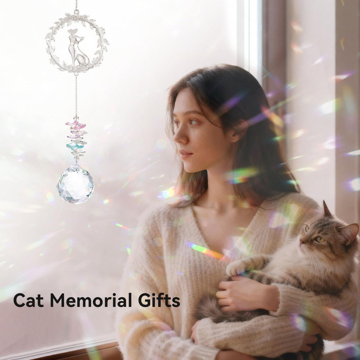 AMETHUARTZ cat memory suncatcher placed in a bedroom display