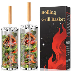 AMFLOWER rolling grill basket with removable wood handle for safe grilling