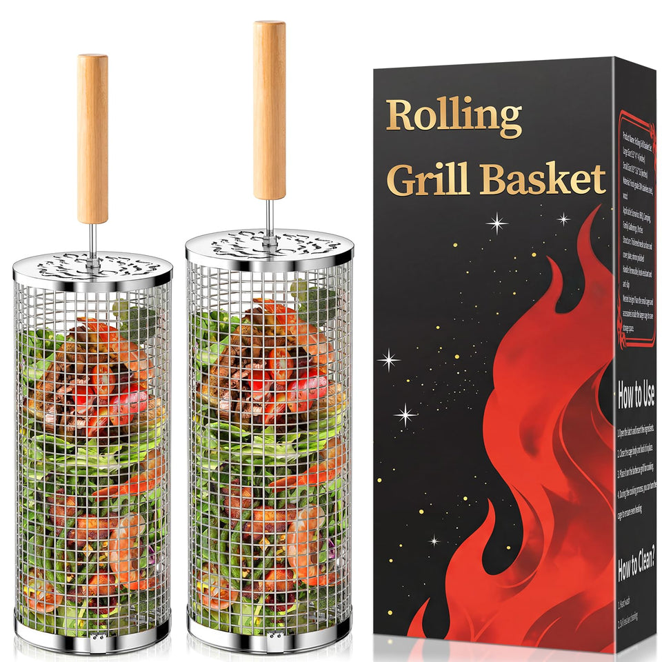 AMFLOWER rolling grill basket with removable wood handle for safe grilling