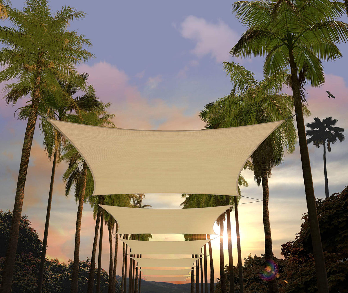 Amgo shade sail 8x10 beige angled view highlights shade and airflow.