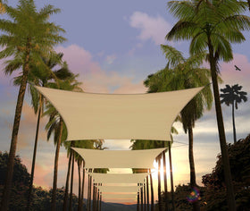 Amgo shade sail 8x10 beige angled view highlights shade and airflow.