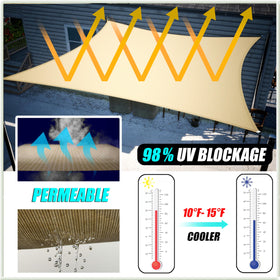 Amgo shade sail 8x10 beige permeable fabric allows breeze and rain drainage.