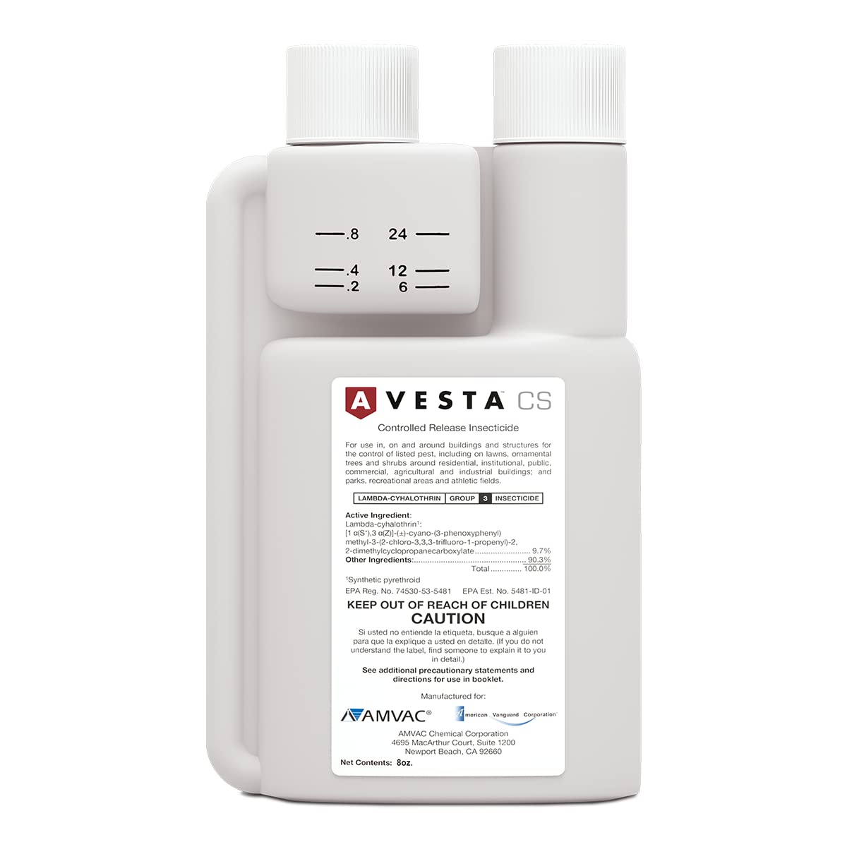 Amguard Avesta CS 8oz insecticide in a white bottle for indoor and outdoor pest control with low odor