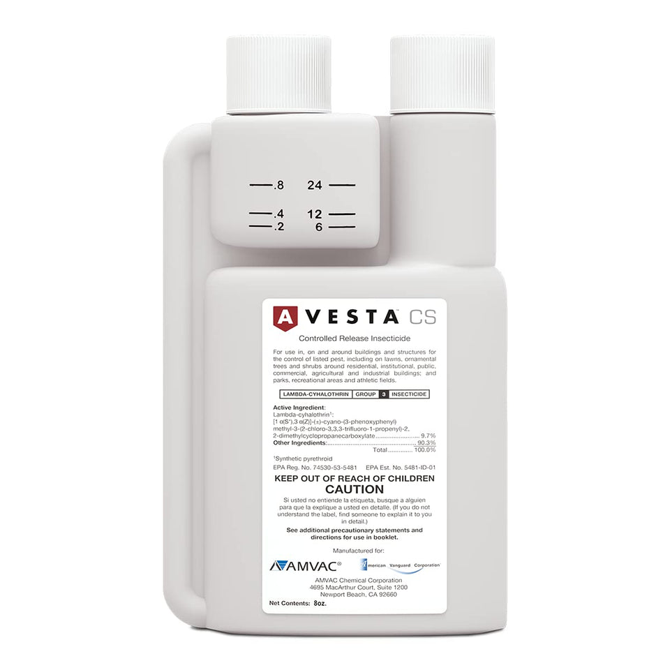 Amguard Avesta CS 8oz insecticide in a white bottle for indoor and outdoor pest control with low odor